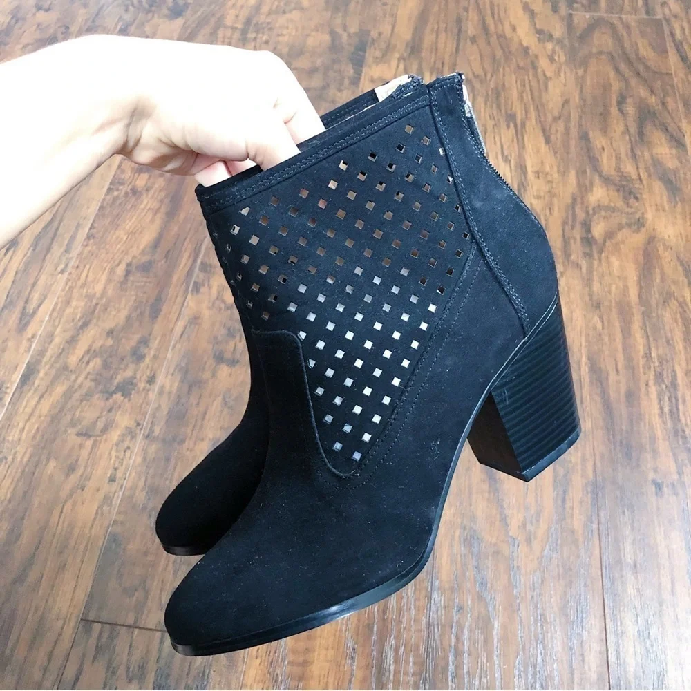 Kaari Blue • Karin perforated ankle boots black faux suede vegan point toe heel